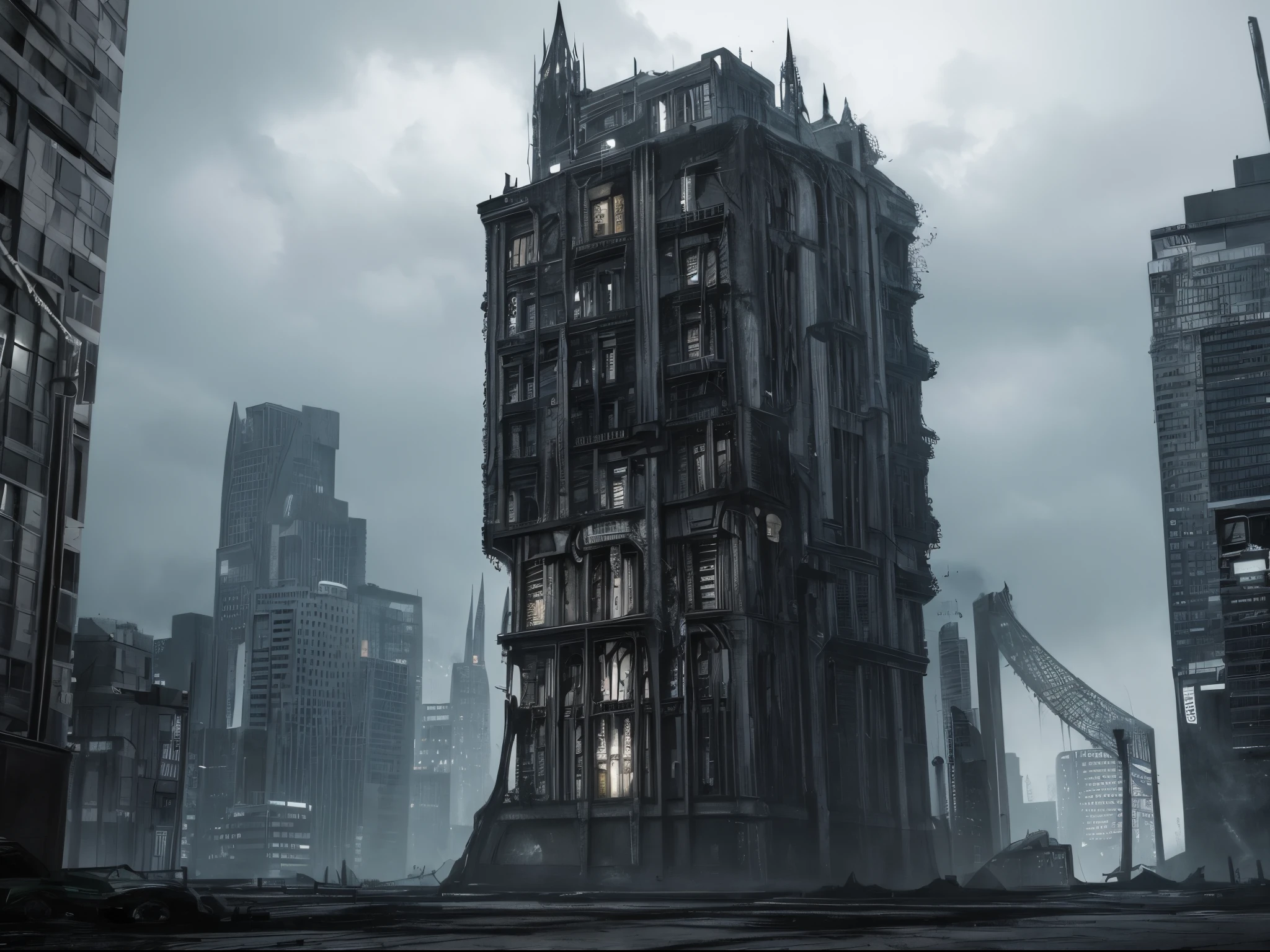 Twist the cityscape into a nightmarish horror setting, with ominous shadows, eerie lighting, and buildings that seem to be alive with malevolent energy, inspired by the unsettling style of H.R. Giger.
