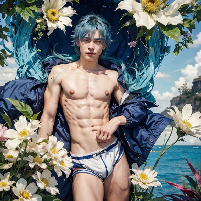 there is a man with blue hair and a blue jacket standing in front of flowers, pose de anime bonito, arte oficial, trending on artstation pixiv, Trend in CGTacing:, Melhor Avaliado em Pixiv, capa de anime, Kentaro Miura Arte, cara de anime alto com olhos azuis, cara bonito na arte demon slayer, por Yang J, arte oficial altamente detalhada