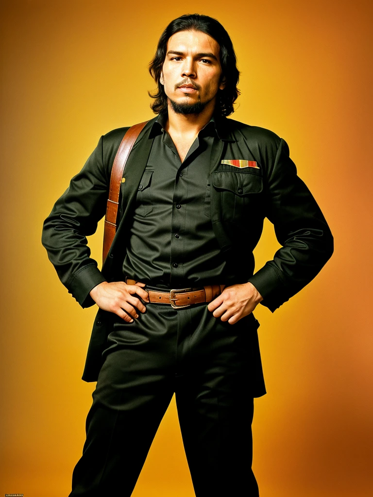 (full body shot, ultra-detailed, best quality, photorealistic:1.37, 4k, realistic, portrait, photography, Che Guevara in Pulp Fiction, iconic shooting pose, detailed facial features, vibrant colours, 35mm)