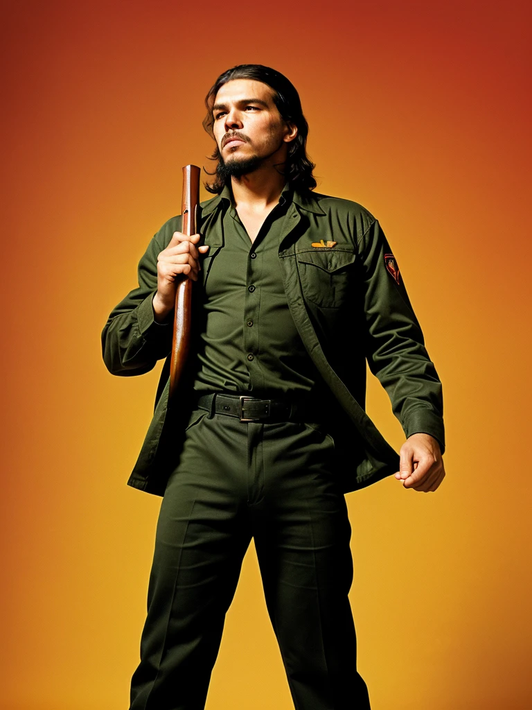 (full body shot, ultra-detailed, best quality, photorealistic:1.37, 4k, realistic, portrait, photography, Che Guevara in Pulp Fiction, iconic shooting pose, detailed facial features, vibrant colours, 35mm)