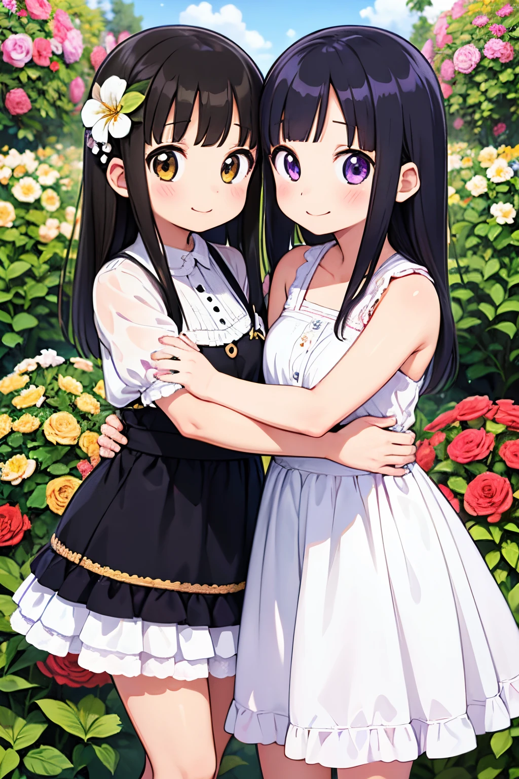 masutepiece, Best Quality, Extremely detailed, Anime,2 girls,sisters,black hair,flower garden,hugging each other,smile,