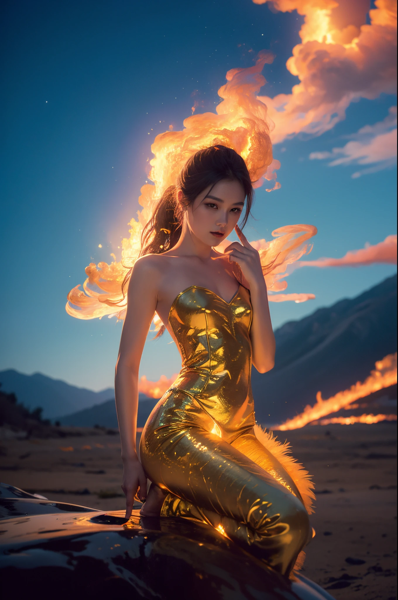 Beutiful women, comfortable atmosphere, intricately details, soft focus, minimalism and maximalism,slight light,Sparkling,Fantasy punk, Sweet and sexy, artistic, smokes, Sateen, amazing depth,Yoshitaka Amano,Emily Kyle,  Jeremy Geddes, Sam Spratt, (Duality of Fire and Water:1.1), (fiery double exposure elements:1.1), A perfectly balanced masterpiece from the leader in real-time engineering