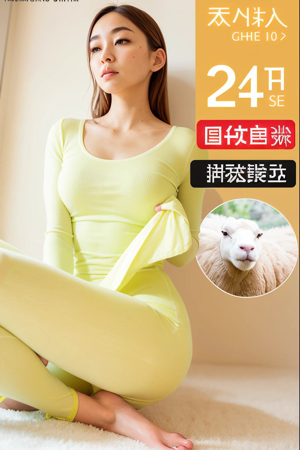 There is a woman sitting on the floor with a sheep, Sleek white skintight suit, girl, wearing tight simple clothes, Wearing yellow gauze, ( ( Dark Green, nanquan, Fine, simple and exquisite structure, ruanjia, Slim, Wang Chen, Elegant, thin jumpsuit, high quality material bssrdf, The warm