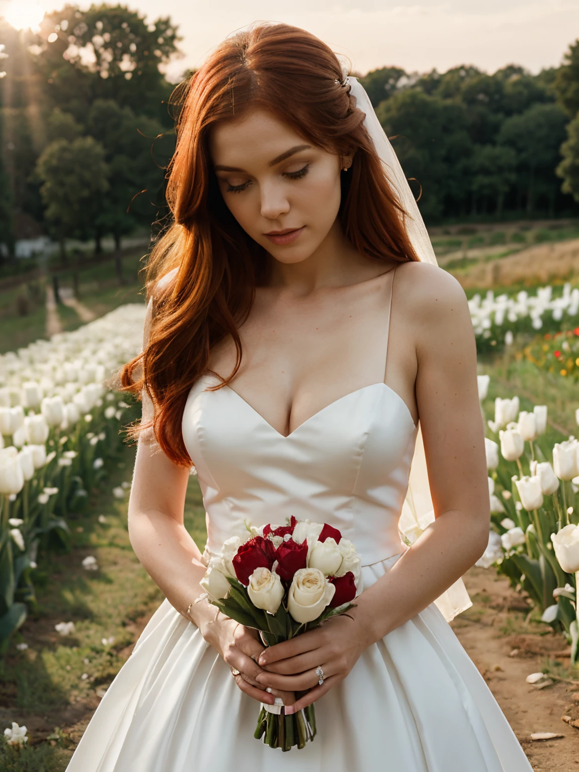 slim white woman with light red hair in wedding dress wedding in the countryside at sunset bouquet of white and red tulips