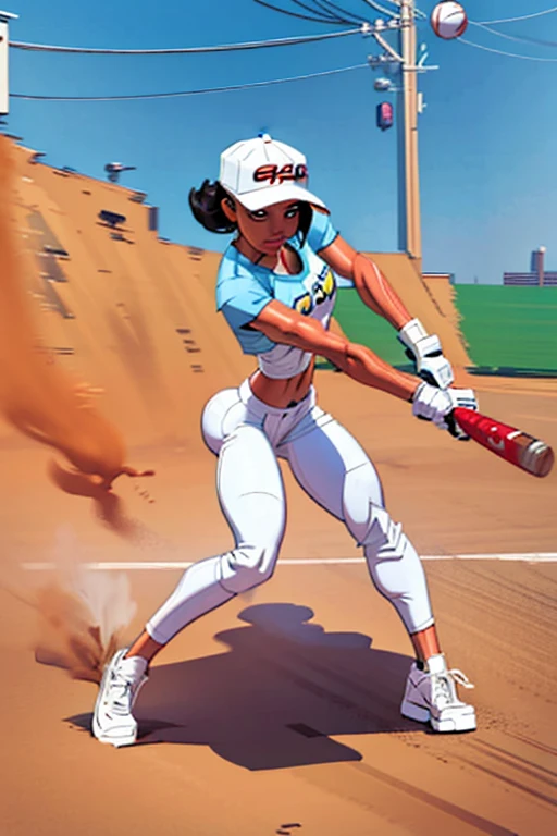 illustration of cartoon girl character, Indian girl, wearing a yellow baseball cap, holding a silver baseball bat, hitting the ball with the bat in action, futuristic baseball attire, full body image, character design sheet,