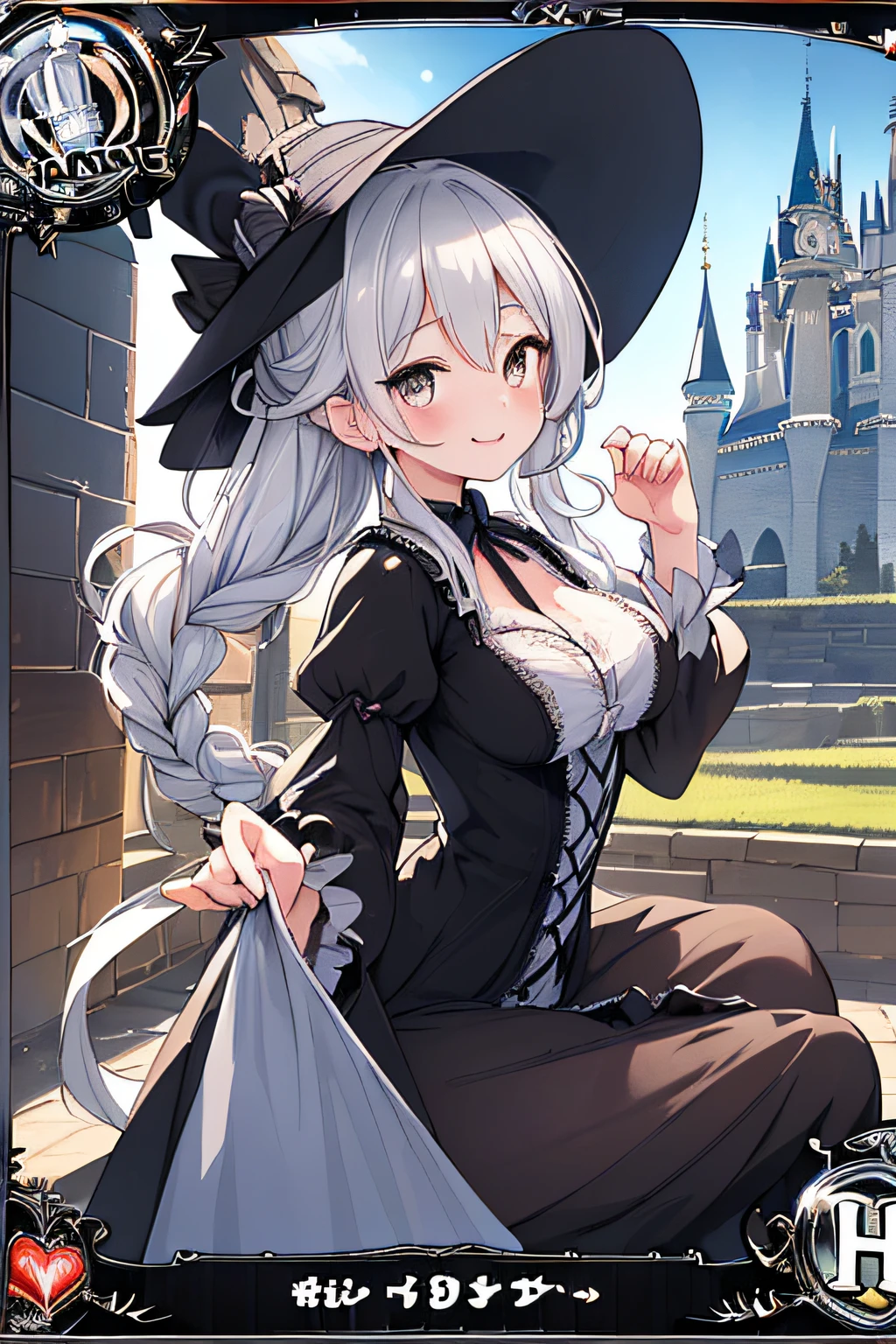 ( Trading Card Game Frames:1.7),(3D anime fantasy art:1.3),(Portrait of a witch with a magic wand:1.3),(Cinderella's Castle in the background:1.3),(((victorian gothic dress:1.3))),(((Black Witch'large hat:1.3))),Cute and beautiful girl,Cute round face,Cute smile,with blush cheeks,Red Lip,(silver white hair,Floral braided headband,half up、Floral Braided Space Van,Voluminous Fishtail Braids,Twisted chignon,),(Bangs are see-through bangs),hair pin,hair adornments,detailed clothes features,Detailed hair features,detailed facial features,(Dynamic angles),(Dynamic and sexy poses),Cinematic Light,(masutepiece,top-quality,Ultra-high resolution output image,depth of fields,intricate detailes,Make the subject look three-dimensional with the contrast of light and shadow,) ,(The 8k quality,Anatomically accurate facial structure,),(Sea Art 2 Mode:1.3),(Image Mode Ultra HD,)