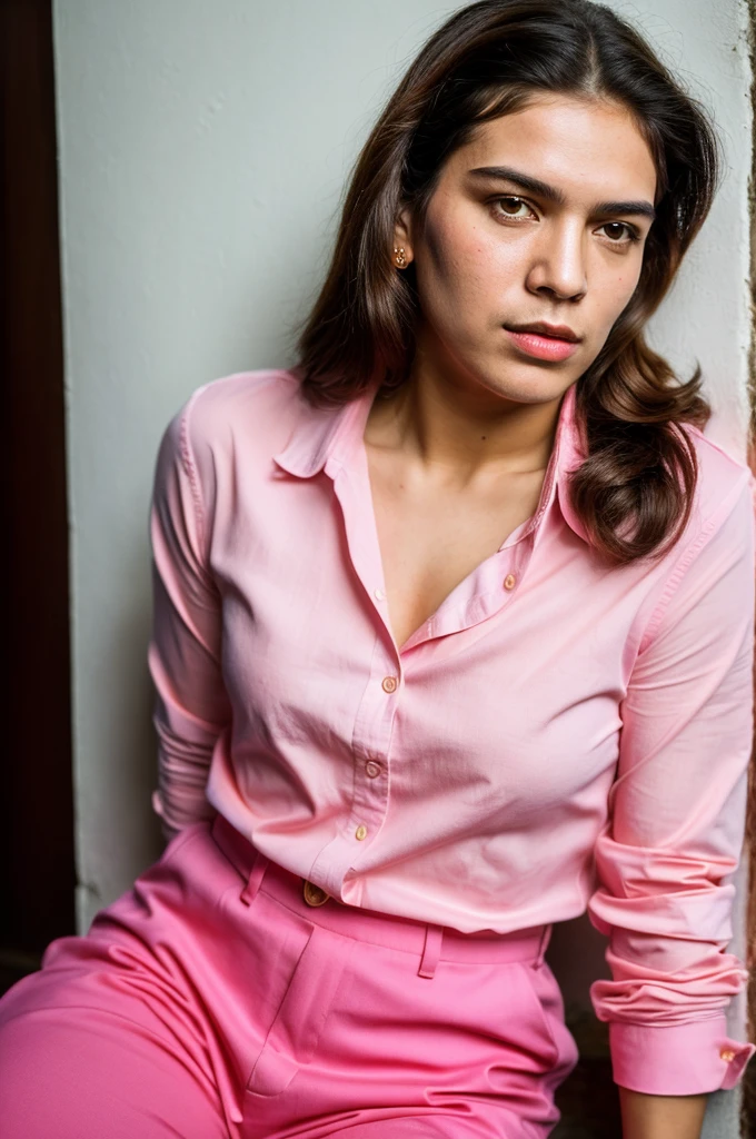 (full body shot, ultra-detailed, best quality, photorealistic:1.37, 4k, realistic, portrait, photography, Che Guevara, iconic pose, dressed in pink with vivid makeup, detailed facial features, vibrant colours, 35mm)