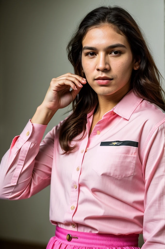 (full body shot, ultra-detailed, best quality, photorealistic:1.37, 4k, realistic, portrait, photography, Che Guevara, iconic pose, dressed in pink with vivid makeup, detailed facial features, vibrant colours, 35mm)