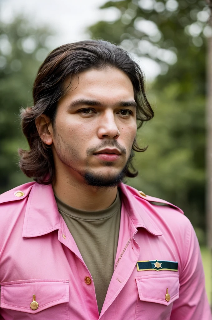 (full body shot, ultra-detailed, best quality, photorealistic:1.37, 4k, realistic, portrait, photography, Che Guevara, iconic pose, dressed in pink with vivid makeup, detailed facial features, vibrant colours, 35mm)