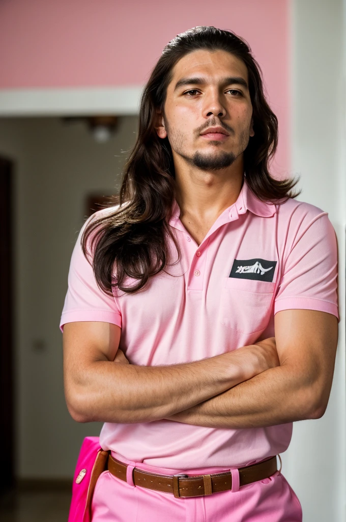 (full body shot, ultra-detailed, best quality, photorealistic:1.37, 4k, realistic, portrait, photography, Che Guevara, iconic pose, dressed in pink with vivid makeup, detailed facial features, vibrant colours, 35mm)