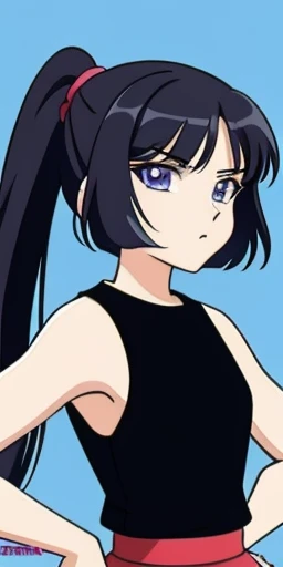 2000s anime cels style, Cartoon style of the 2000s, (flat color:1.2), vivid colors, retro anime, 2000s anime, 2000s anime, early 2000's inspired anime, early 2000's esthetics, girl with a confident expression, long dark hair in a ponytail, purple eyes, olive skin, black tank top