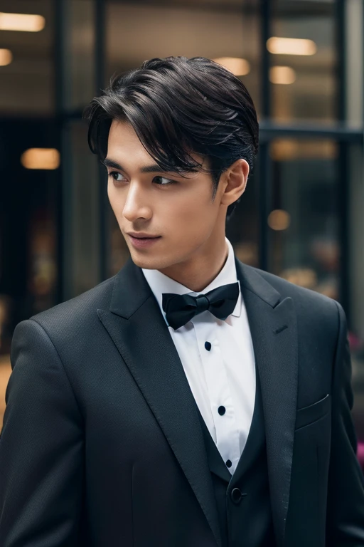 Handsome man in black suit calling on smartphone,profile portrait