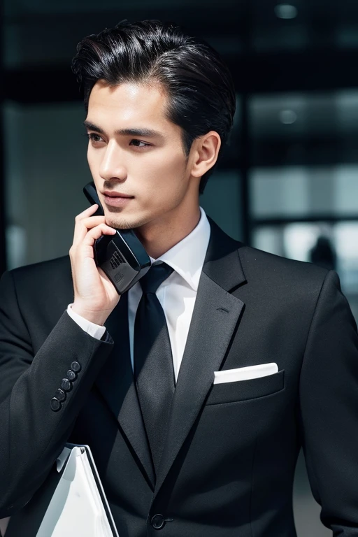 Handsome man in black suit calling on smartphone,profile portrait