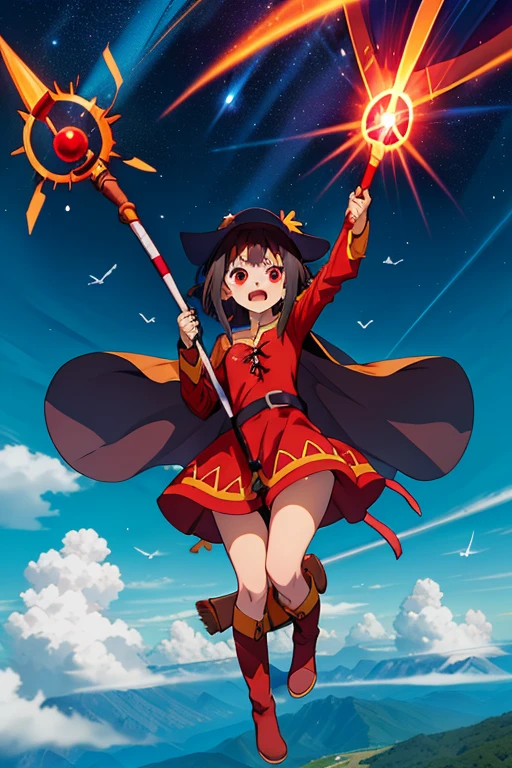 masutepiece, Best Quality, hightquality , Megu KJ , Meg Dress , Megu has , Cape Megou , Shapely , A staff , holding staff , long boots , (Rays from the staff:1.4) , (Flying in the sky:1.4) , (aura:1.2)，explosions