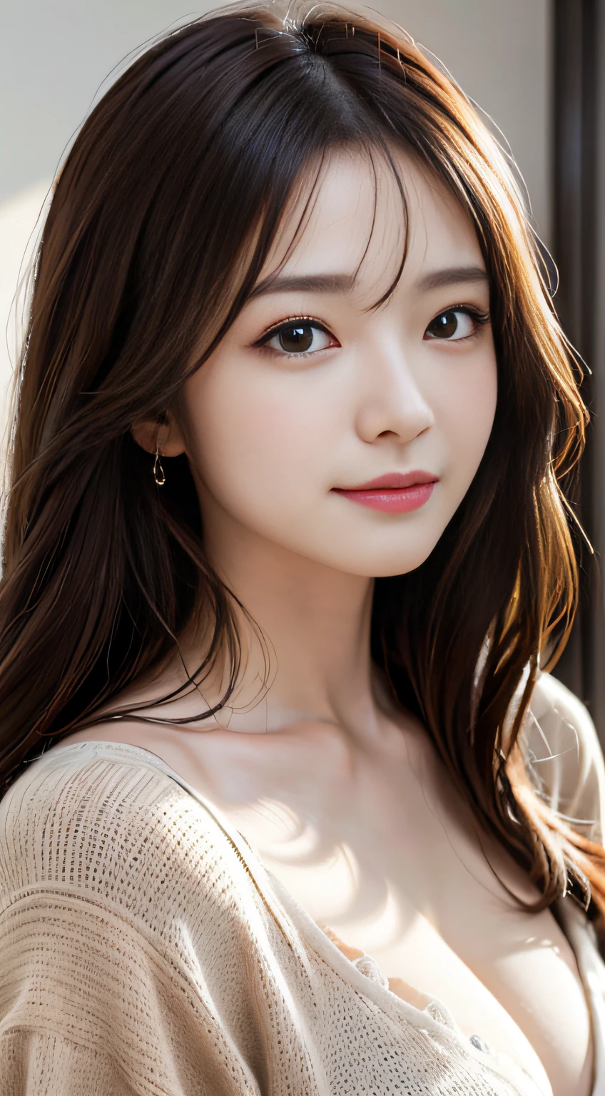 masutepiece、Best Quality、Illustration、 Ultra-detailed、finely detail、 hight resolution、8K Wallpaper、Perfect dynamic composition、31 year old beautiful adult woman、Neat and clean beautiful mature woman、A detailed face、Detailed eyes、Textured skin、A faint smile、tiny chest、Bold sexy poses、Winter casual wear、
