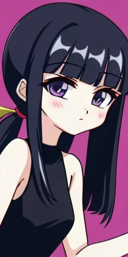 2000s anime cels style, Cartoon style of the 2000s, (flat color:1.2), vivid colors, retro anime, 2000s anime, 2000s anime, early 2000's inspired anime, early 2000's esthetics, girl with a confident expression, long dark hair in a ponytail, purple eyes, olive skin, black tank top