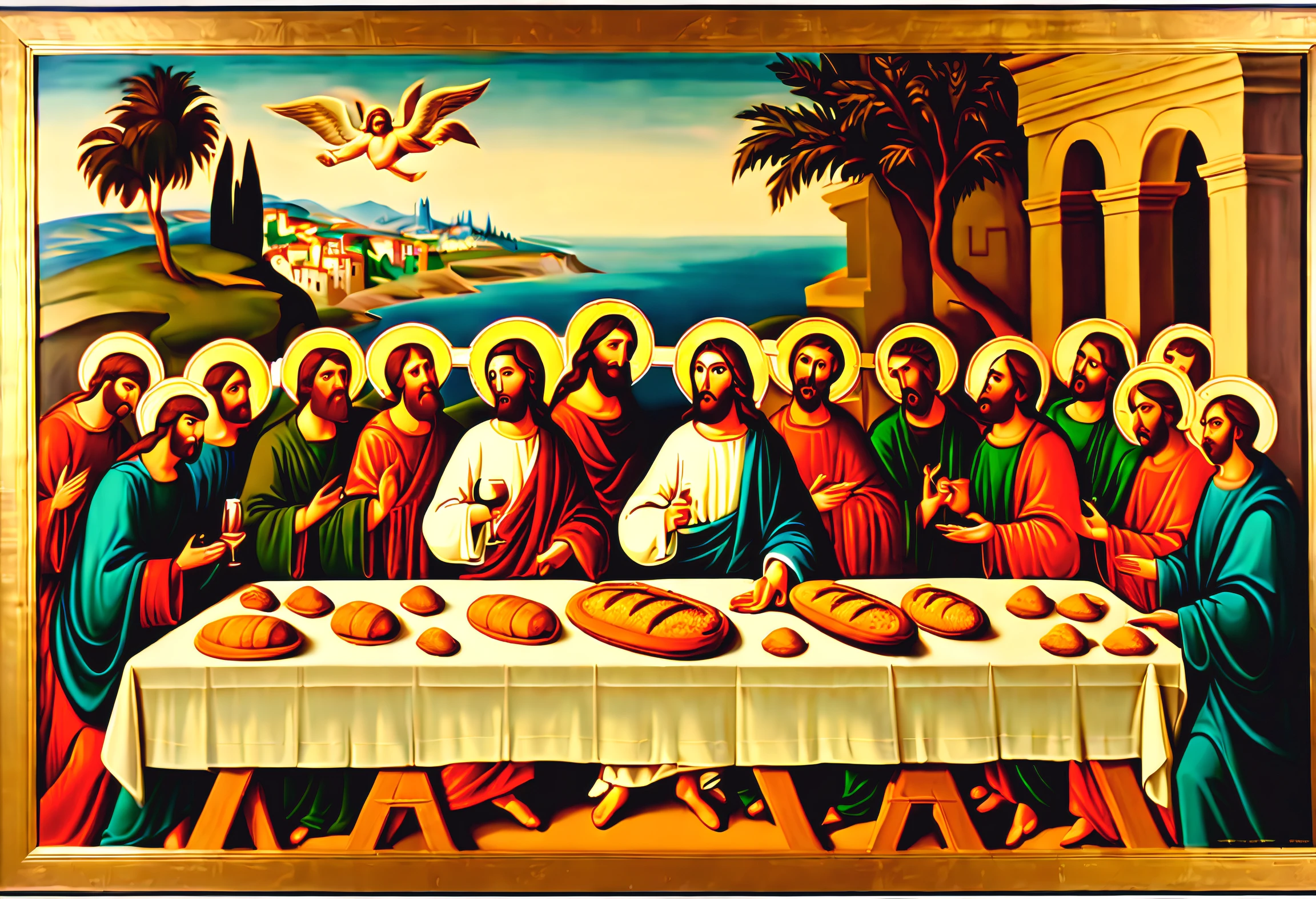 (best quality, movie poster style), quadro de santa ceia, Arte Sacra, mesa grande, 12 disciples, Jesus serving the bread and wine, 6 apostles on one side 6 on the other side