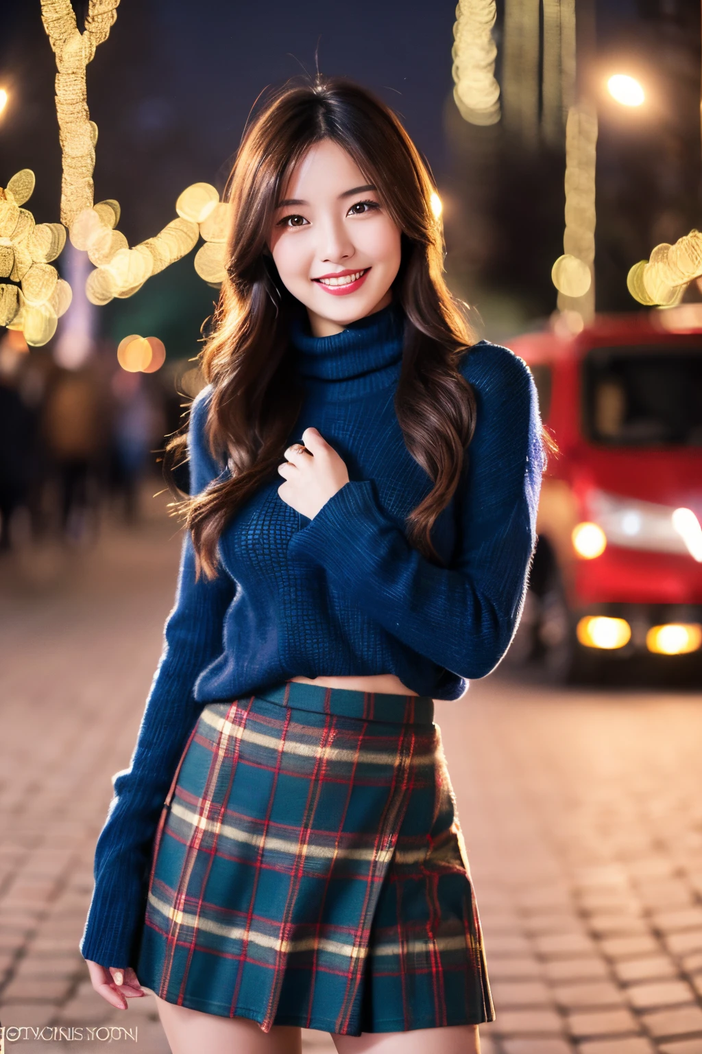Masterpiece, top quality, high resolution, amazingly beautiful woman, unsexy winter fashion, wearing a turtleneck sweater, dark blue plaid skirt, straight hair, small breasts, natural colored lips, smile, Christmas night cityscape, (background of gorgeous Christmas tree illuminations), looking at camera, ((full body shot)),