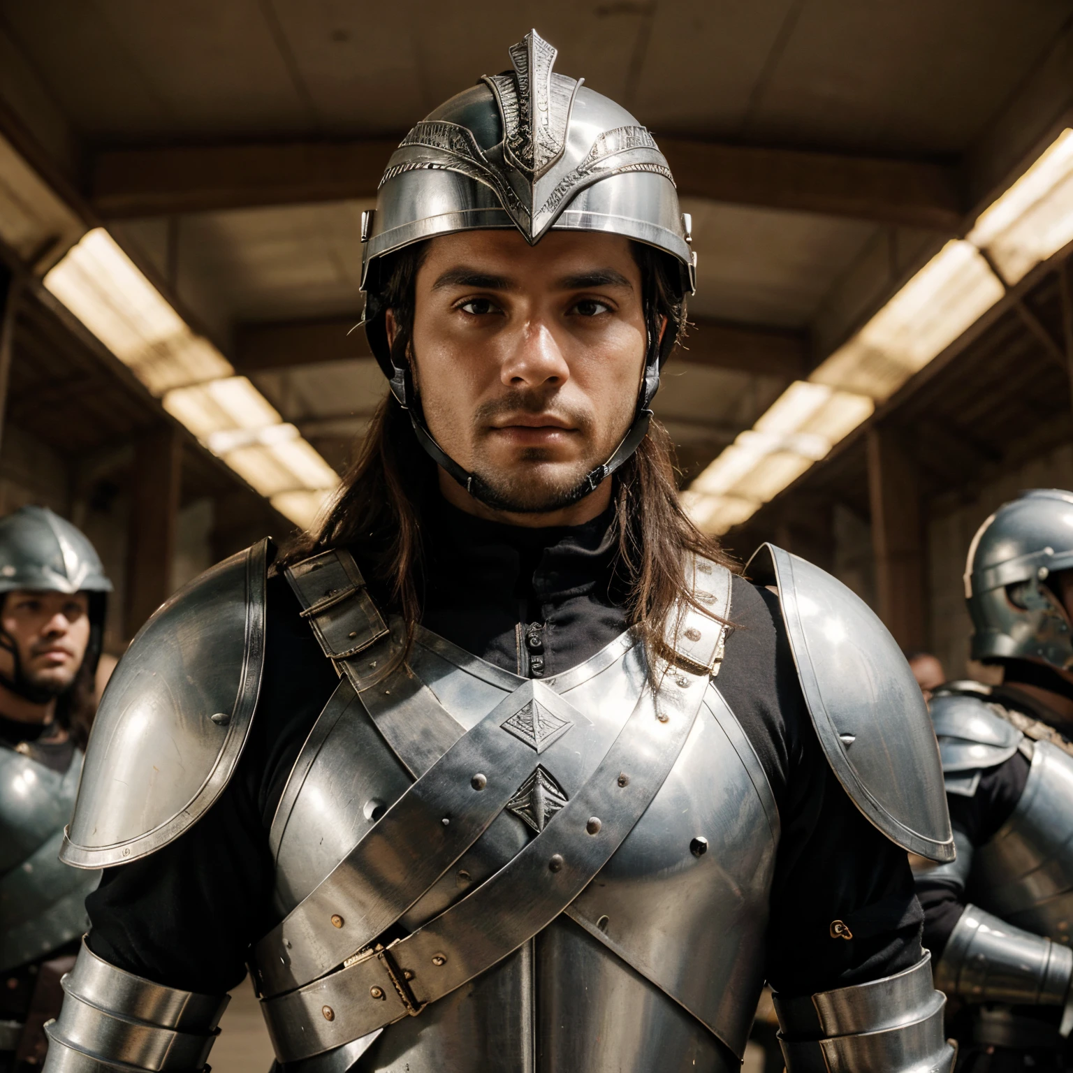 Na imagem, o general romano emerge imponente, vestindo uma armadura polida, adorned with intricate laurel leaf patterns, symbol of achievement. His helmet is majestic, com uma crista dourada que se estende para o alto. The general is strategically positioned in front of his troops, sua postura ereta e decidida. His serious and penetrating gaze reflects the seriousness of the moment, as he tightly holds a gladius, emanating leadership and determination. Ao redor, as tropas, com uniformes meticulosamente alinhados, aguardam suas ordens, criando uma cena que evoca a grandiosidade e disciplina da Roma Antiga.