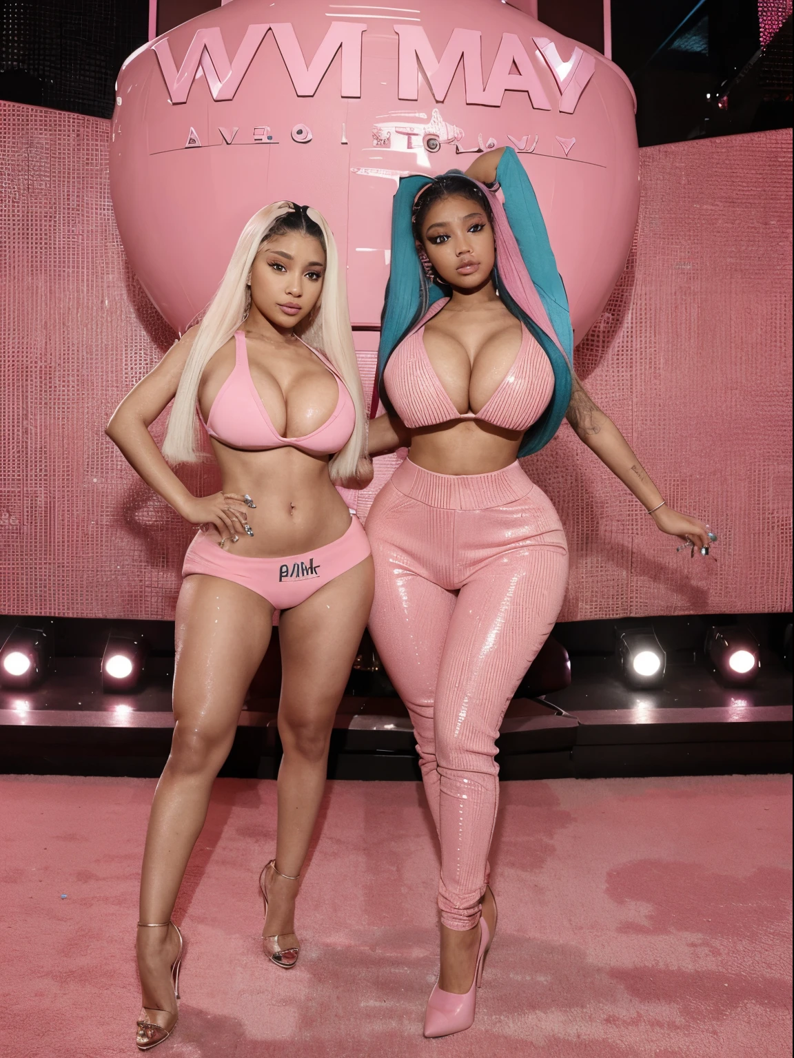 Ariana Grande and nicki minaj, insta bimbo, full body view, cum spray on body