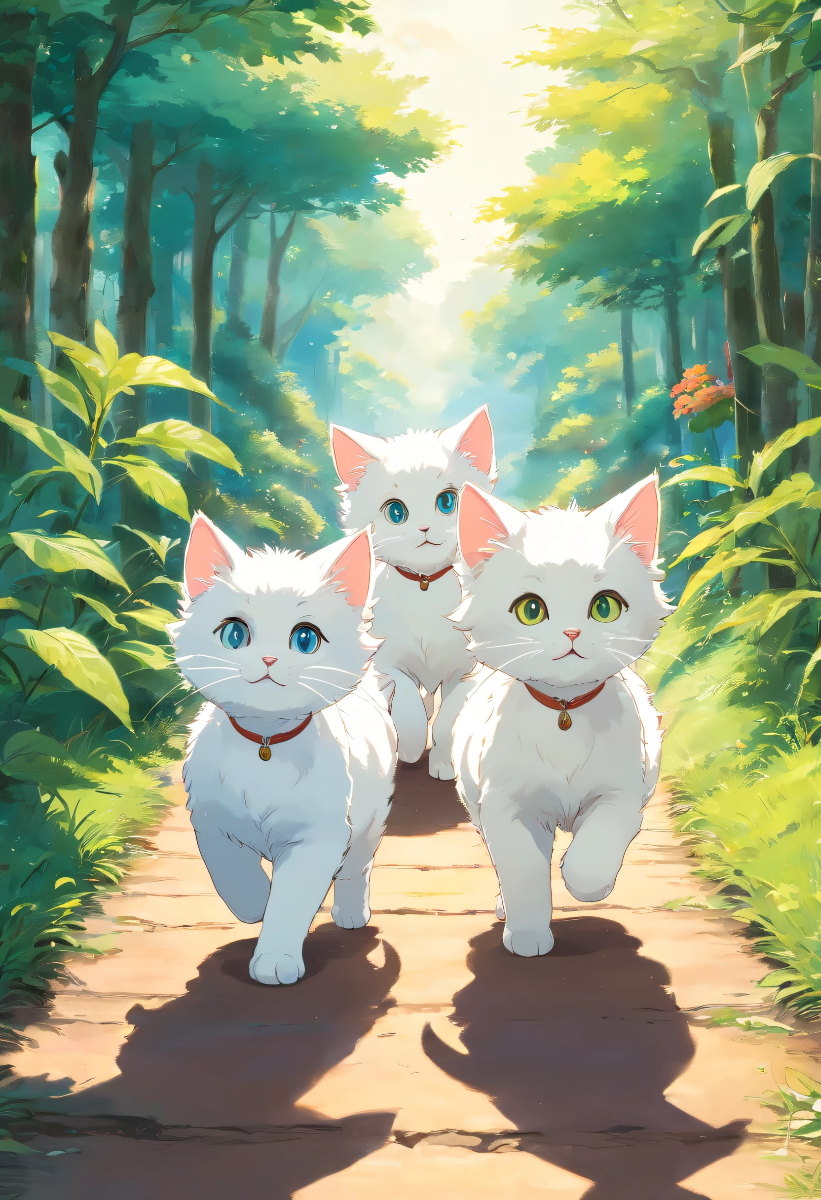 Three kittens walking two white kittens