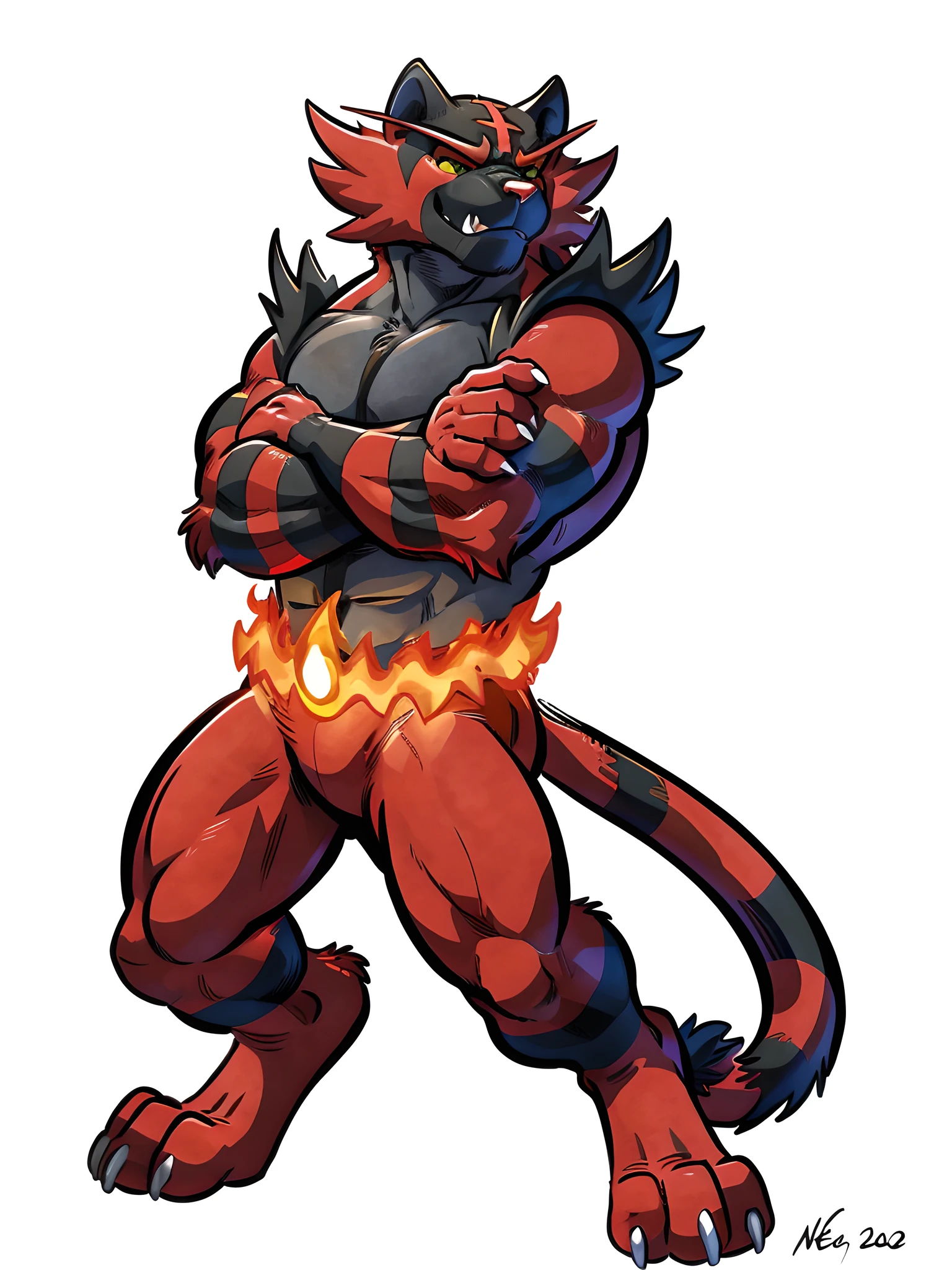 incineroar, 4k, high resolution, best quality, posted on e621, solo, male, adult, masculine, muscular, (white background, no background:1.1), (by wfa:1.0), (by negger:1.0), (detailed face, detailed eyes:1.1), (cel shaded:1.2), cartoony shading, cartoony proportions, half body,