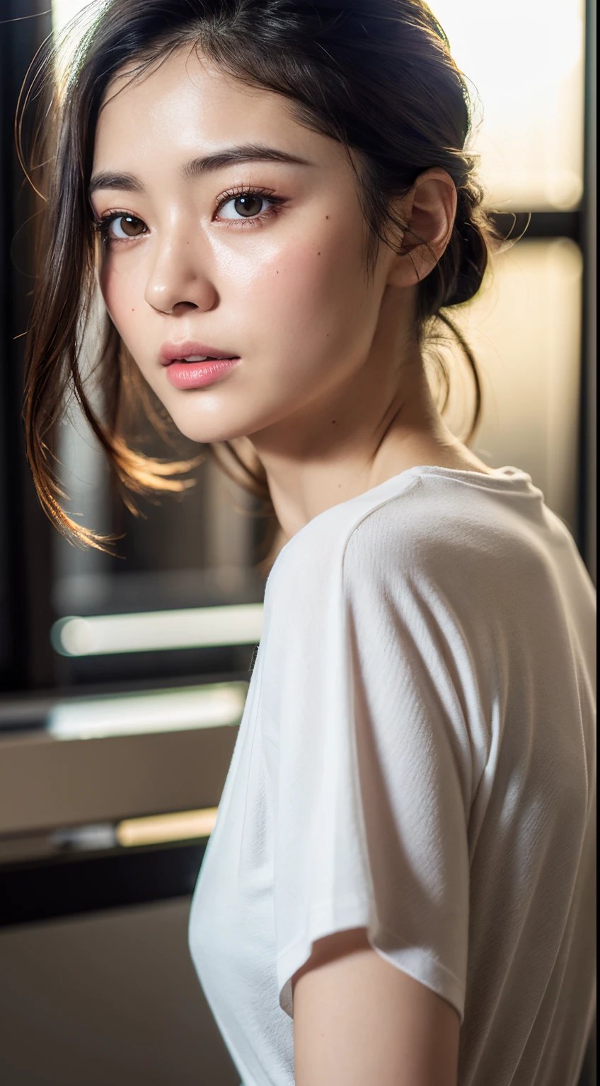 (Hyper Real), (illustration), (high resolution), (8K), (Very detailed), (Best Illustration), (Beautiful detailed eyes), (Best quality), (Ultra detailed), (Masterpiece), (the wallpaper), (Detailed face), Drenched, Sweaty, up of the upper body, Underarms, Short hair, A girl in a tracksuit, japanes, Huge, (camel-toe)