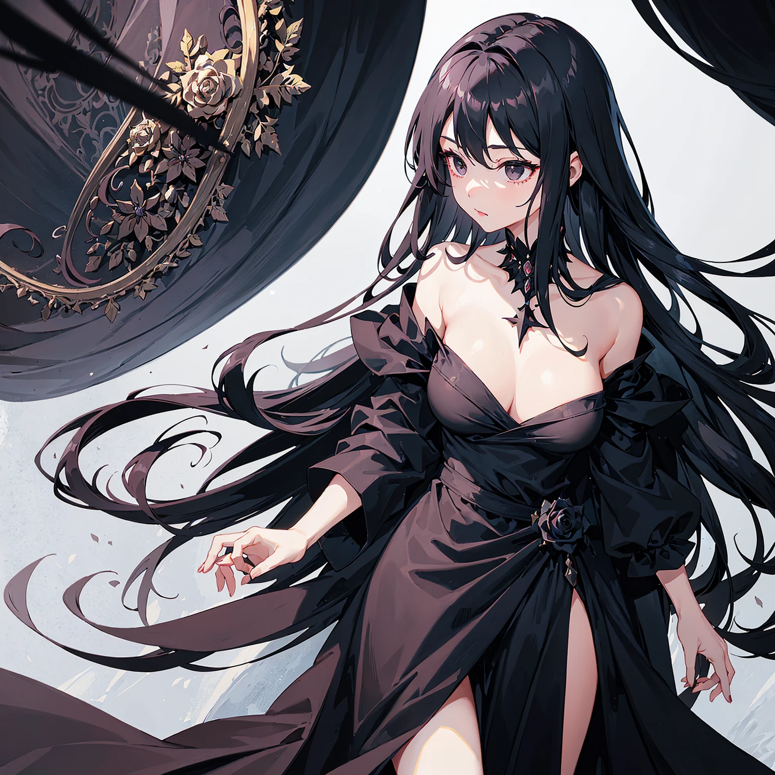 1 girl,long flowing black hair,black eyes,wearing a black gown,rose motif,raven on shoulder,(((masterpiece)))