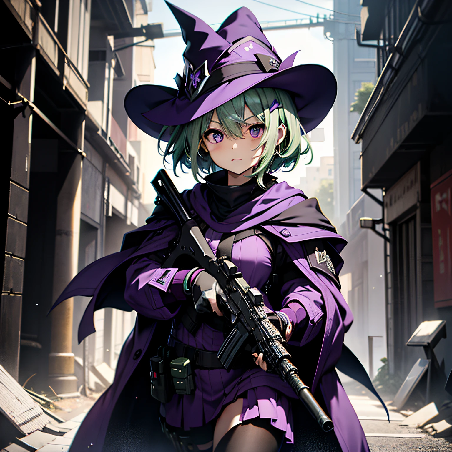 top-quality、extremely delicate and beautiful、(A teenage girl)、Purple Eye、Green hair、short-haired、(purple witch hat)、Purple tie、Soio、shortsleeves、Purple skirt、Tactical Vest,Purple Wizard Robe、(He has an M4 assault rifle in both hands....)、Navel、is standing、Facing the front、Expression of hatred、Dark background、Only eyes