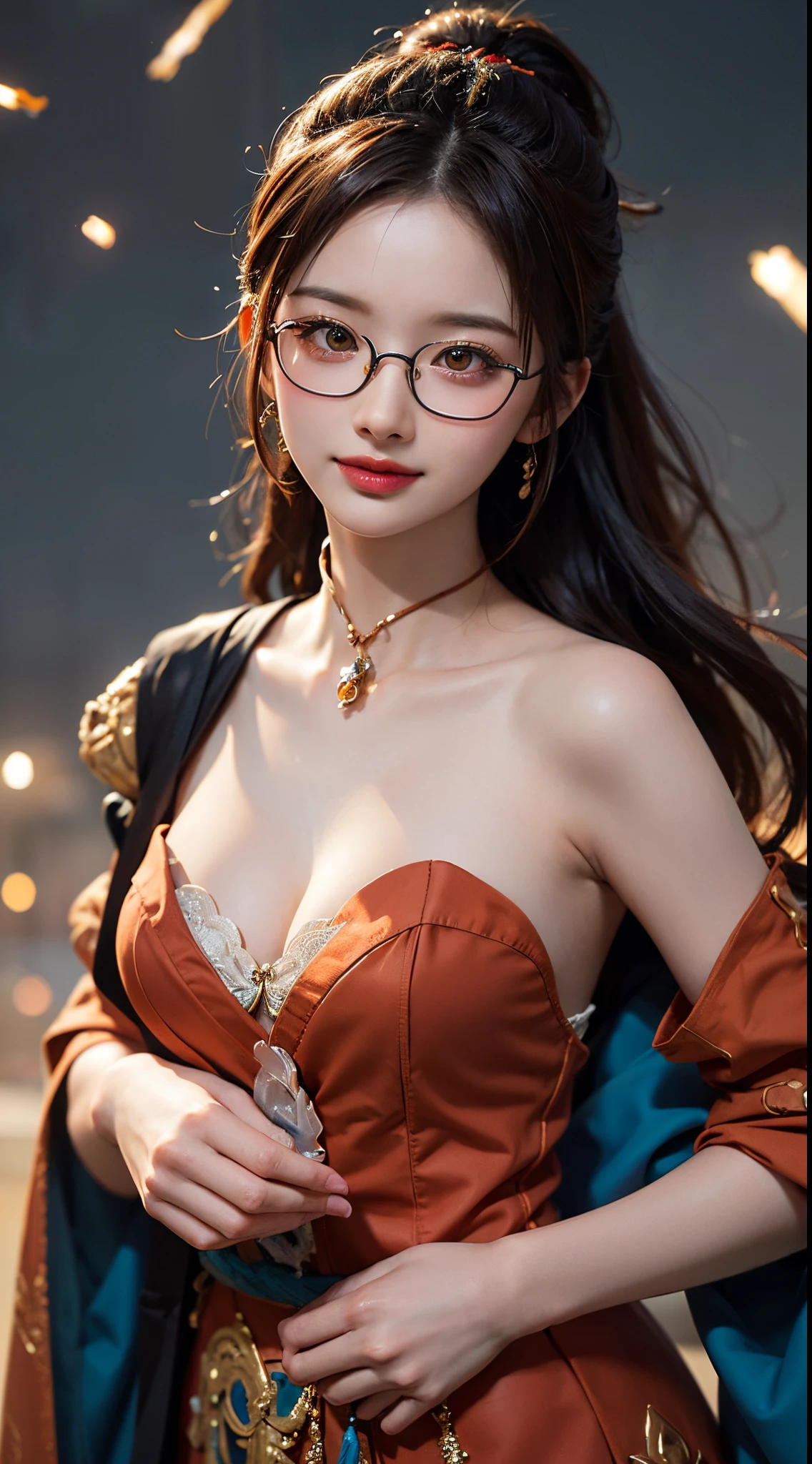 (The content is very detailed:1.3), 1 plump girl, Alone, full bodyesbian，enchanting，Raised sexy， Aang_DV, Orange eyes, Half-rimmed glasses, light  smile, hyper-detailing, (A high resolution:1.1), Best quality at best, (tmasterpiece:1.3), 电影灯光,