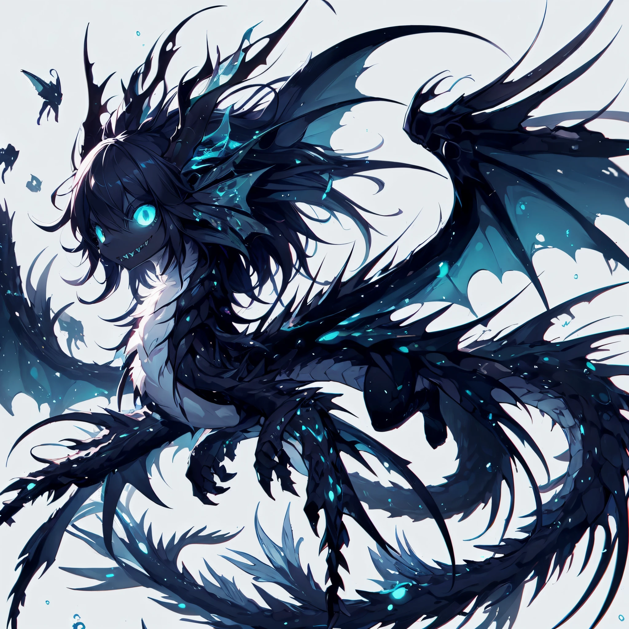 charybdis. Female Dragon. deep sea fish element. furryfemale. black body. Stinging. sharp teeth. Luminous. luminescent organ. Tentacles. anime style.