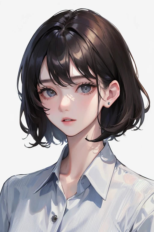 (Top resolution、Distinct_image)top-quality、femele、masterpiece、ighly detailed、Semi-realistic、Black short hair、Dark hair、grey eyes、bangss、21years old、Mature、年轻、Button-up shirt、Exquisite facial features、Facial features
