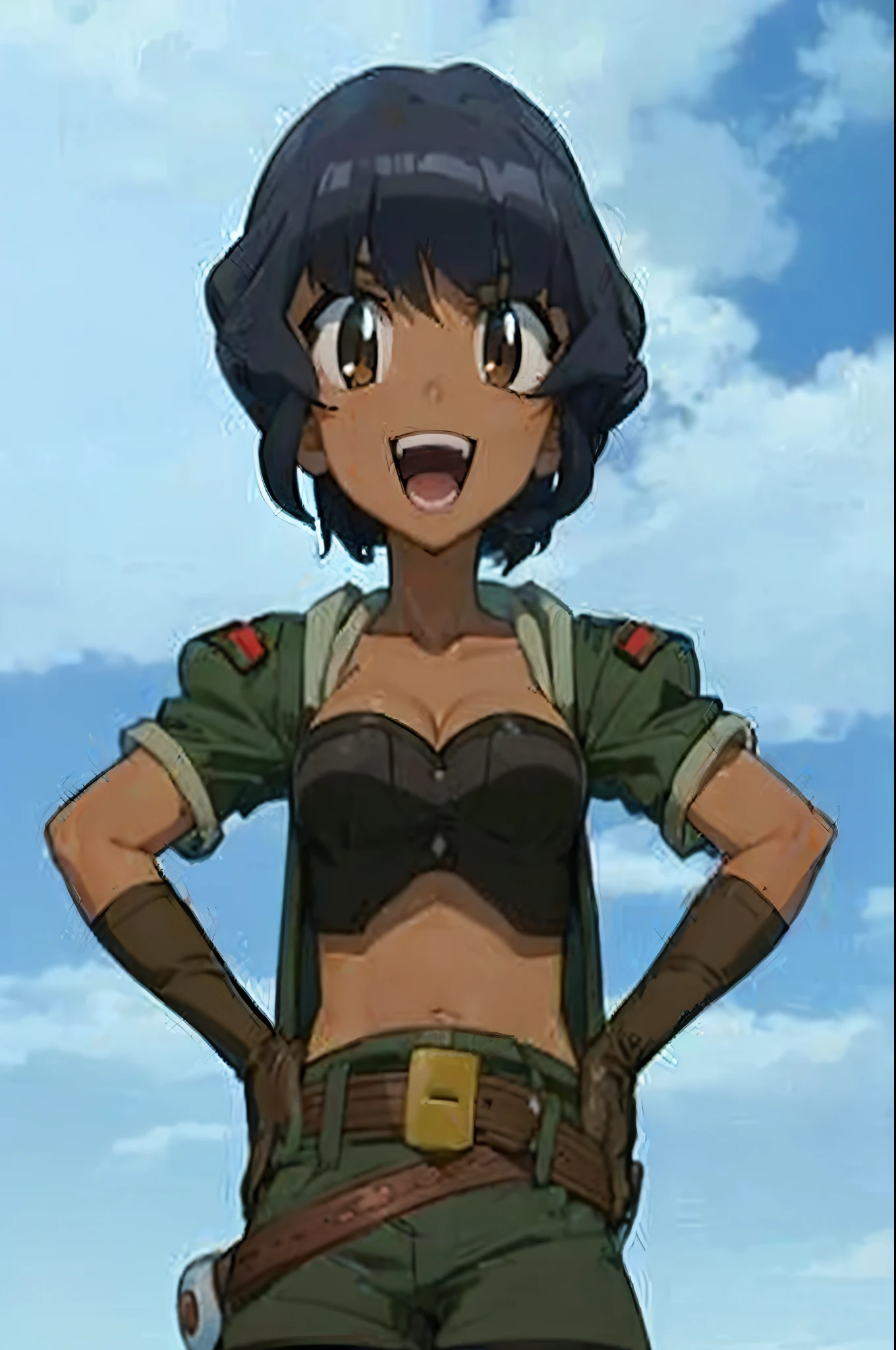 (Best quality, good anatomy, anime brown eyes) 1 girl, Selen Garcia (Beyblade), dark skin, brown eyes, black hair, short hair, curly hair, black top, green jacket, brown gloves, green shorts, belt, smile.