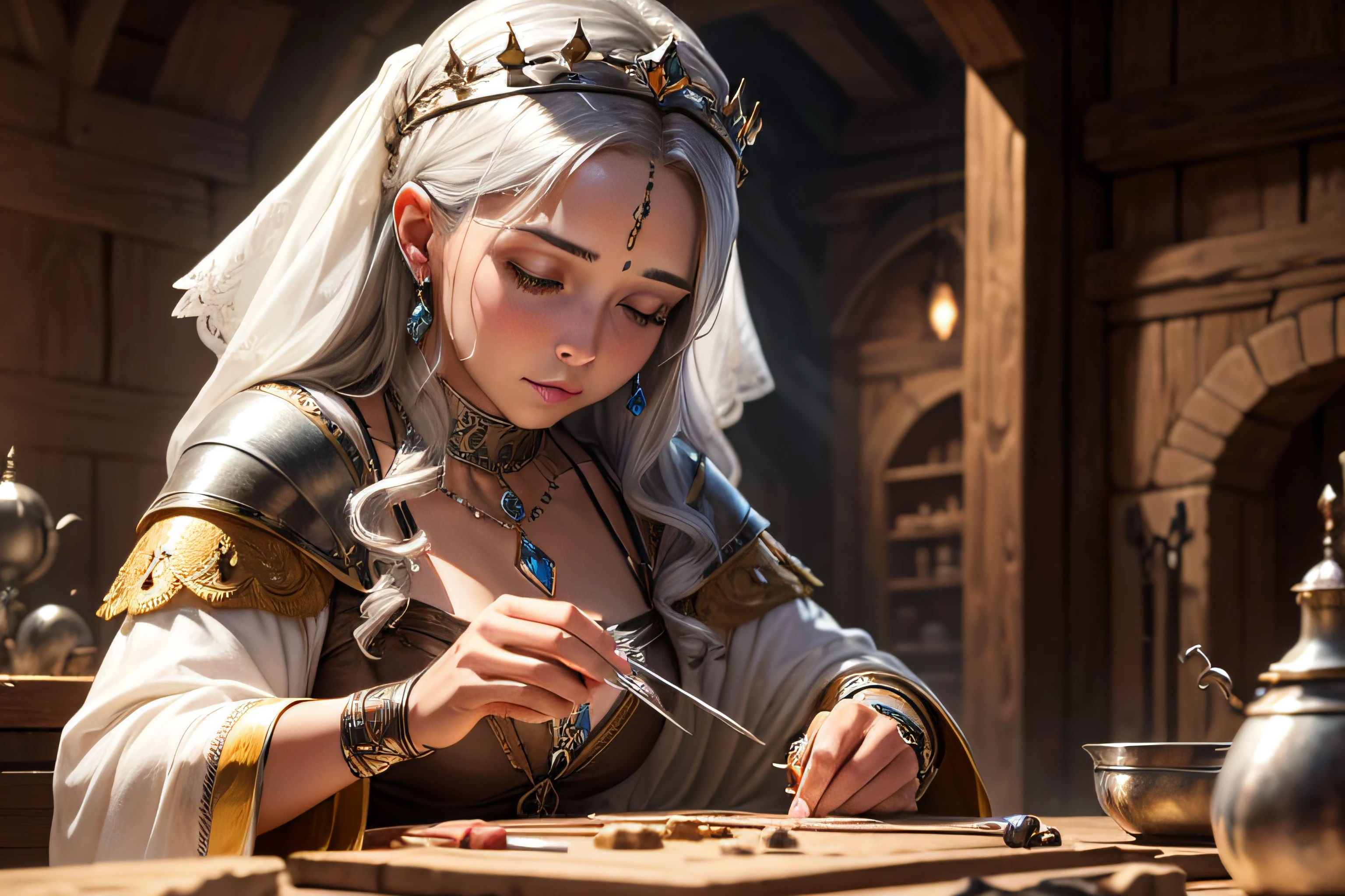 a medieval jewelry artisan creating a silver crown