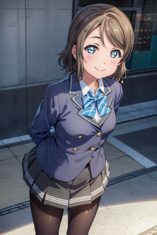 (((pixel perfect, Detail Perfect))), Solo, 1girl in, Yo Watanabe, uranohoshi school uniform, bowtie, Looking at Viewer, Smile，black pantyhose king