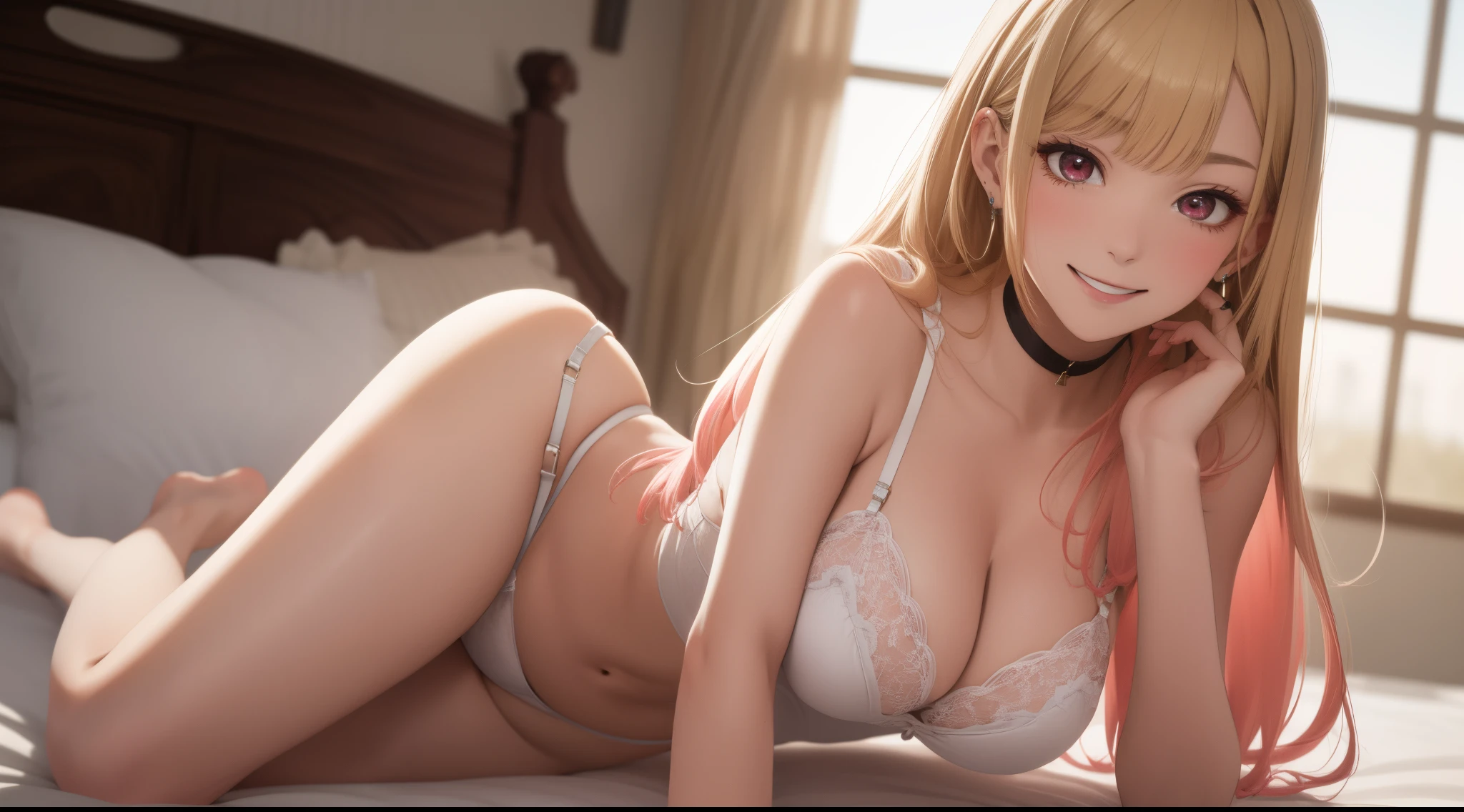 masutepiece, 1womanl, (((Solo))), of the highest quality, Hi-Res, 4K, cleavage, ((White sheer lingerie)), medium breasts, Red Eyes, a blond ,  Full body,  earrings, ssmile