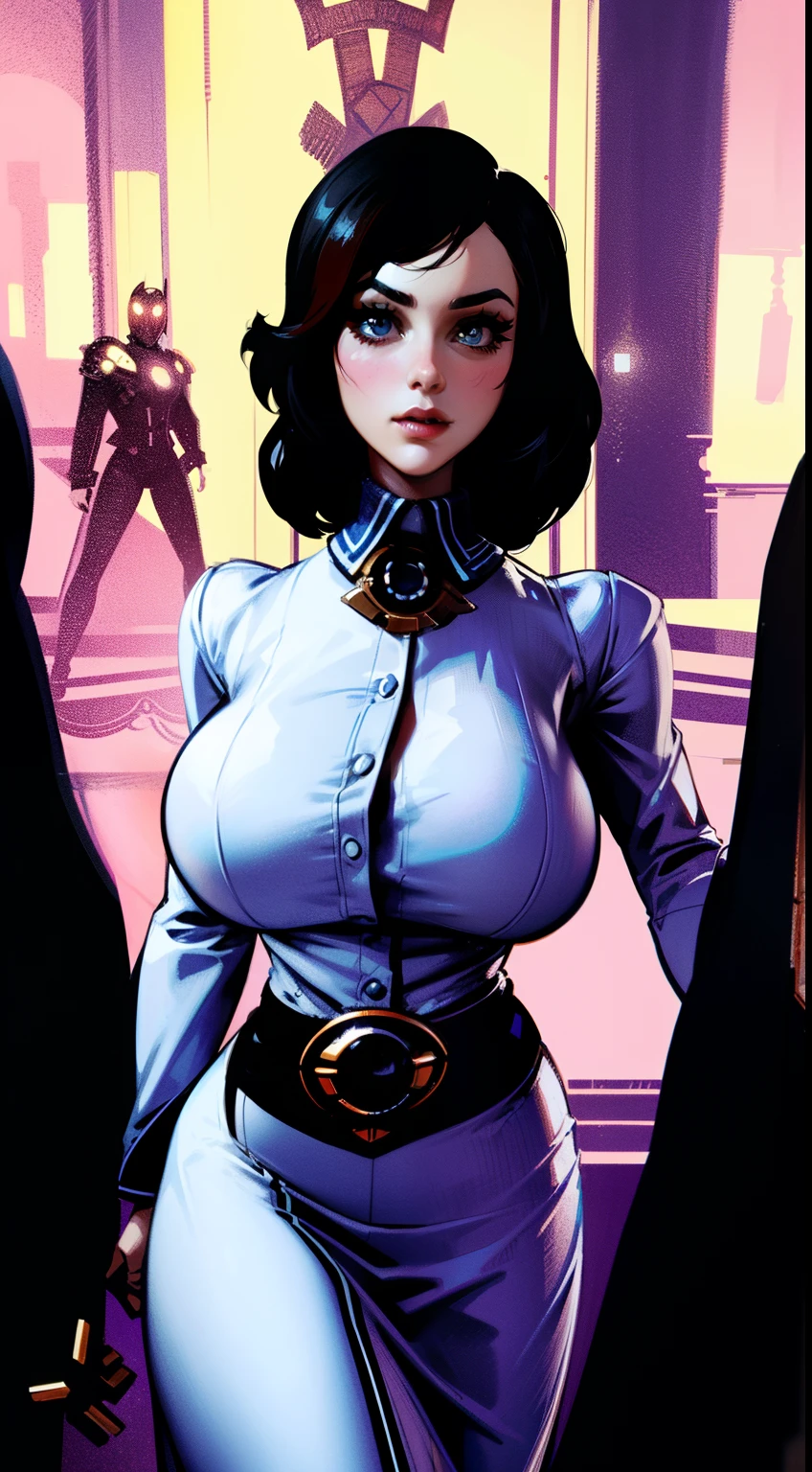 A beautiful Latina model Daisy Marie wearing a tight white silk spacesuit with white lace details, futuristic cyberpunk, full body in comic panel, entire body, bold lineart illustration comics, seductive blue eyes, parted lips, perfect curvy fitness body, nsfw, in the style of Adam Hughes, masterpiece, adult, exploring retro-futuristic aesthetics, highlighting confidence and skill, big city night, Blade Runner