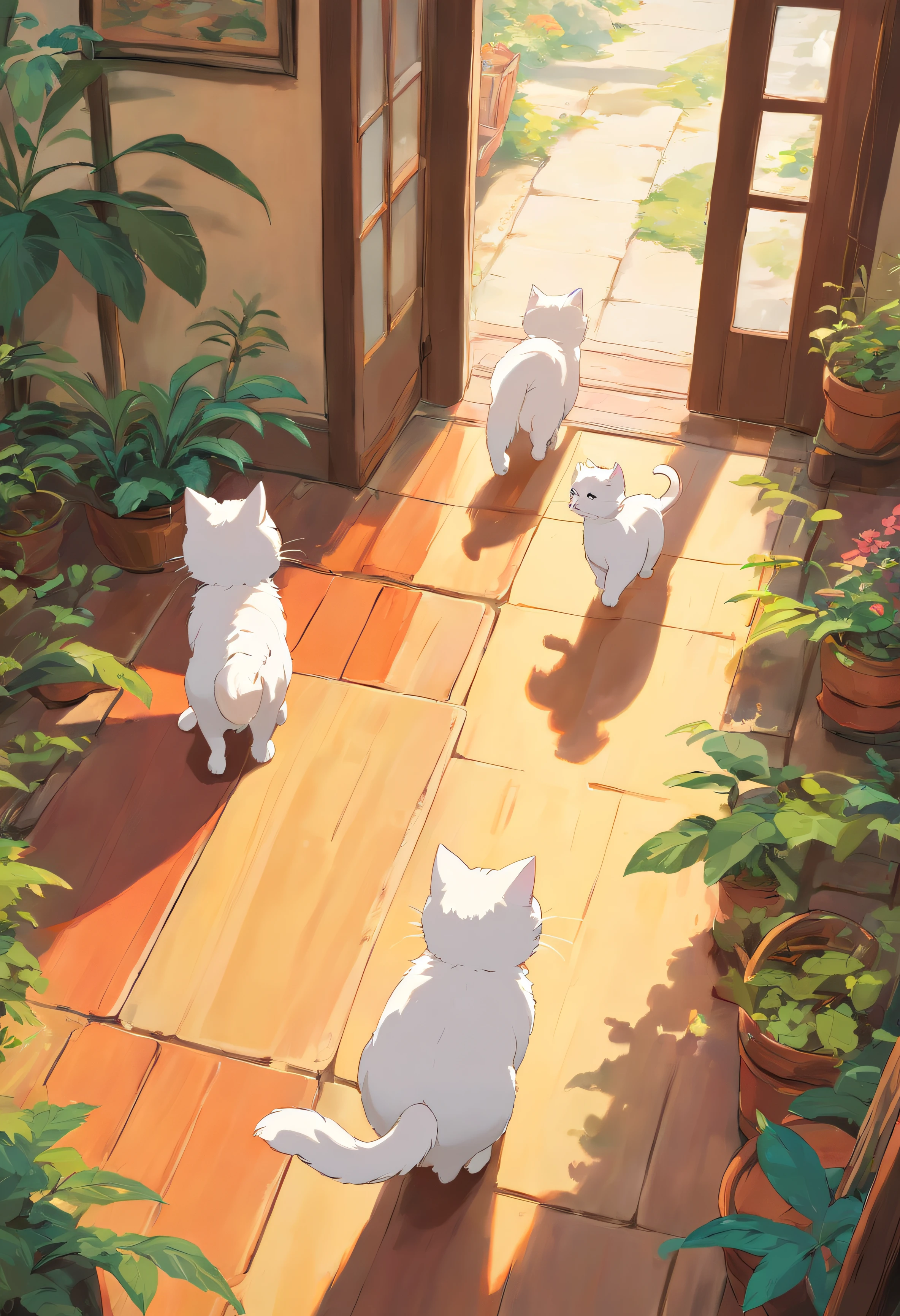 Kitten walking sideways,Two white cats walking sideways. The camera captured it from above.