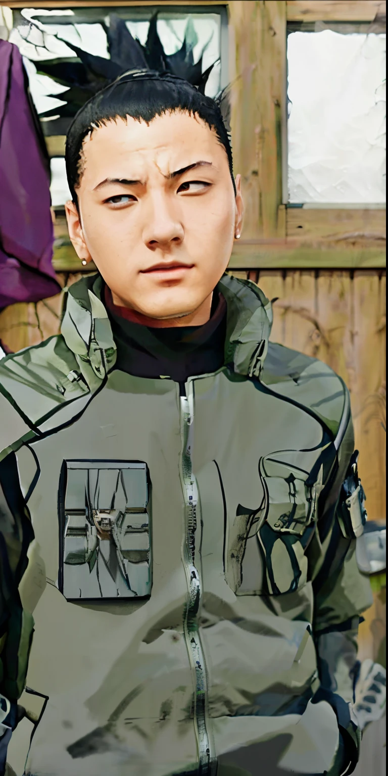 Shikamaru nara from naruto, anime character with black hair and green jacket standing in front of a window, (((ultra detailed))), (((realistic))), (((best quality))), (((masterpiece))), shikamaru nara, as an anime character, from naruto, inspired by Kamisaka Sekka, cel - shaded art style, akihiko yoshida!,