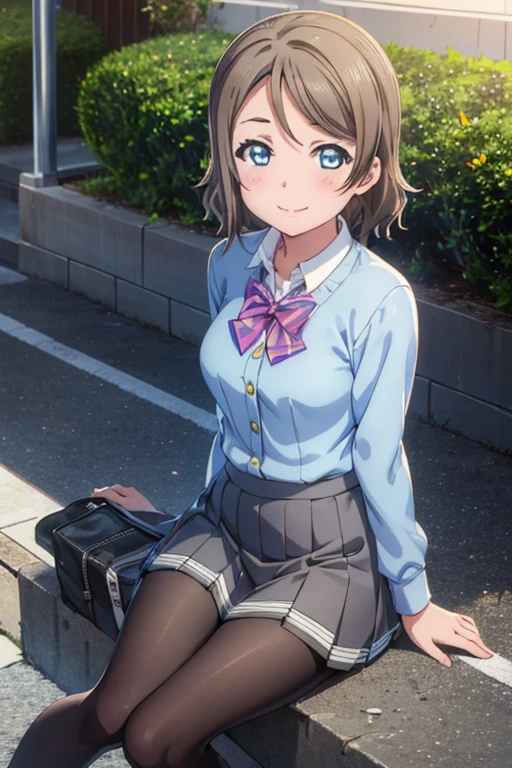 (((pixel perfect, Detail Perfect))), Solo, 1girl in, Watanabe, uranohoshi school uniform, bowtie, Looking at Viewer, Smile，Black Pantyhose King