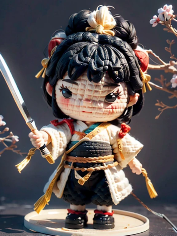 a cute white marshmallow head illustration, Mulan warrior, black hair, medieval style, 3d animation, a dark and enormous kitchen for background, Blurry background, lord of the rings ambience
