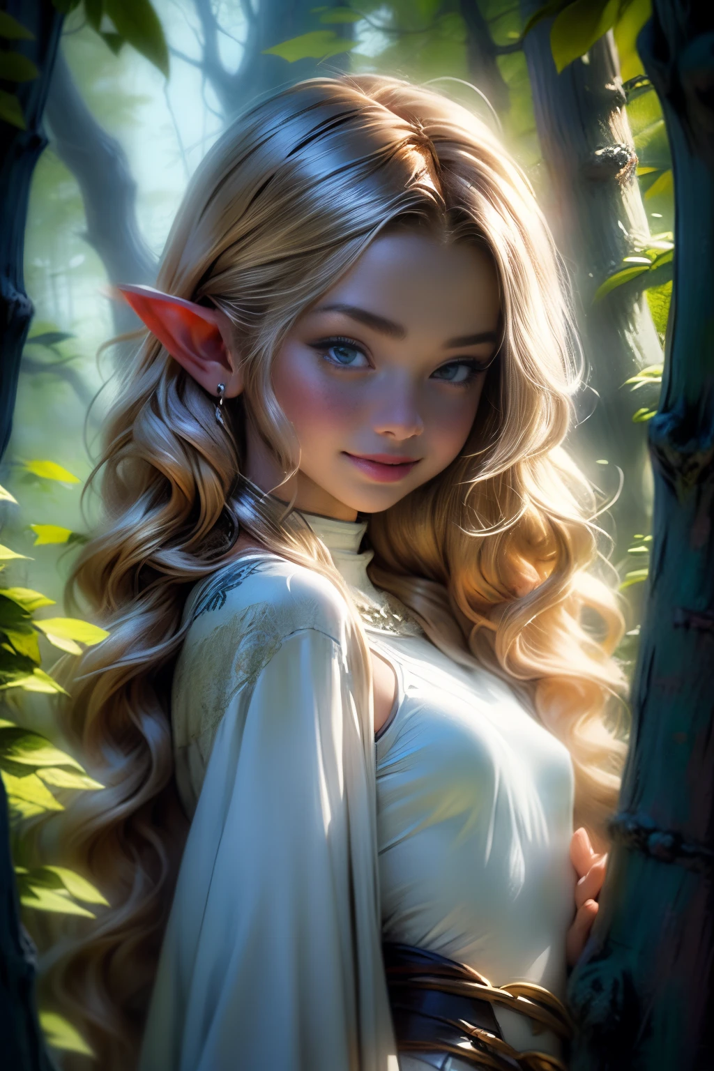 (masterpiece, best quality), 1girl, intricate details, blonde, leaf, wavy hair, looking at viewer, elf, small breasts, little smile, upper body, forest, robes with frills, mist