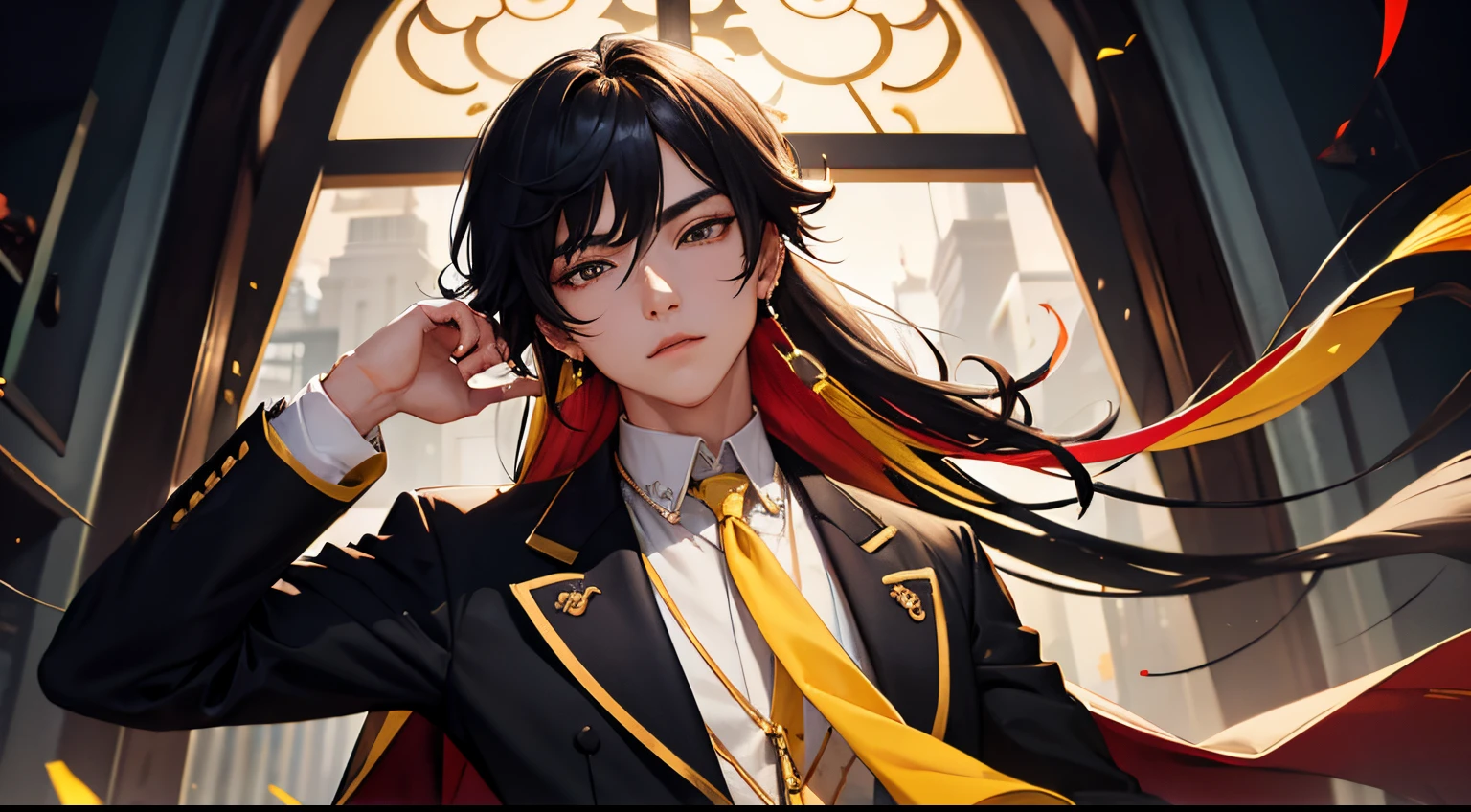 1Boy, Solo, upper_Body, electric wires_vista, look_al_viewer, Masterpiece, Best Quality, bangss, black_glove, black_heads, brown_heads, gradation_heads, collared_shirt, Earrings, eyebrows_visible_door_heads, Formal, glove, heads_between_eyes, retention, Chinese_clothed, blazer, jewellery, long_heads, long_sleeve, male_focusing, multicolored_heads, pony-tail, single_eardrop, suit, tassel, tassel_Earrings, Yellow_eyes, Zhongli_\(Genshin_Impact\)
information