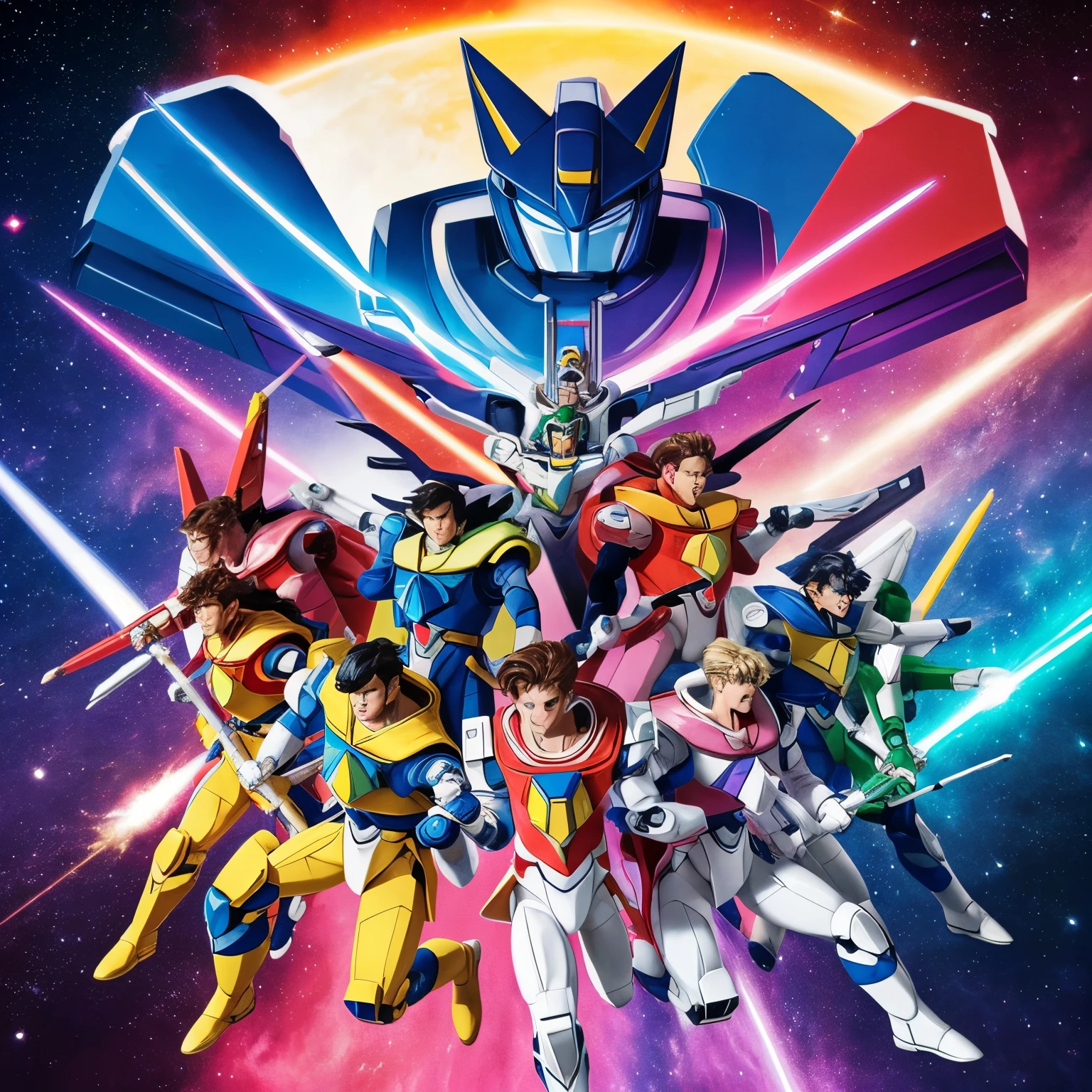 A Voltron robot, each major section colored after a different sailor scout (red, pink, white, yellow, blue), the final form has a robotic Sailor Moon face. Strike an action pose in space, the background lions are roaring. Show it from head to toe, full body shot