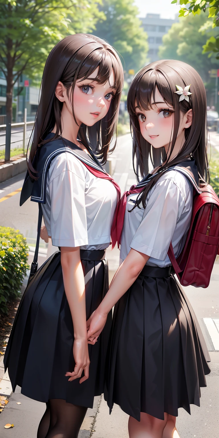 masutepiece,Best Quality,ultra-quality,High quality,Realistic,photographrealistic, masutepiece, Cinematic lighting, ultra-detailliert, (2 Girl:1.9), (girl touches another girl&#39;s neck:1.1), Walking, girl long black hair, Taller than girl B, Gentle smile, wearing a sick school uniform, black serafuku, Girl B (Brown wavy hair:1.1), Holding a school bag, In front of the school building, On forest roads, A lot of hydrangea, Blue sky, morning sunlight, Looking from the side, Cowboy Shot, Perfect face,