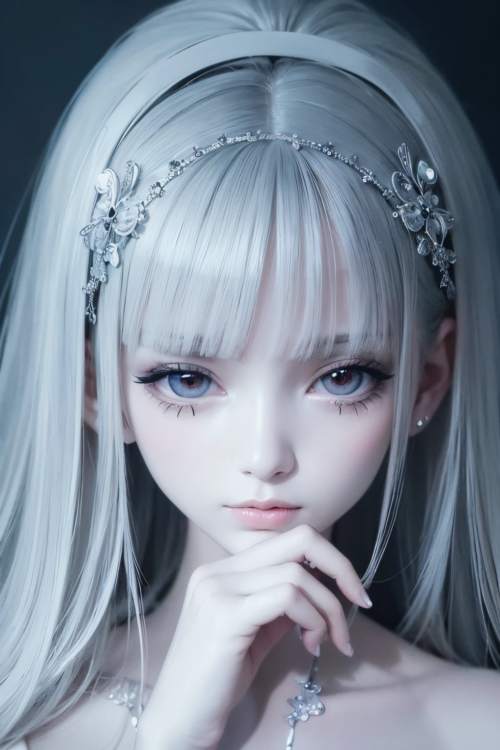 Watercolor art, Accurate and delicate line drawing, femele, monochromes, Beautiful and delicate, art by, The 8k quality, masutepiece, Fantastical, up of face, Beautiful skins, long lashes, Double eyelids, big eye, hightquality, Detailed eyes, tthin eyebrows, Put your hands on your face,