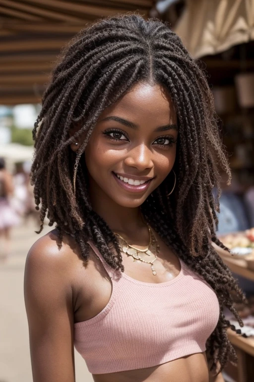 is very beautiful（（with brown skin））年轻，（（Detail of big brown eyes））Long eyelashes，（（perfect heart shaped face））（（Detailed realistic skin with imperfections））detailed skin textures，（（Charming girl with dimples）） ,((Warm smile and dimples)),attractive beautiful,Walking in a flea market wearing a short pink crop top((hyper realisitc))((Perfect bohemian style))((realistic hair texture))(( Girls with dimples on Pinterest））