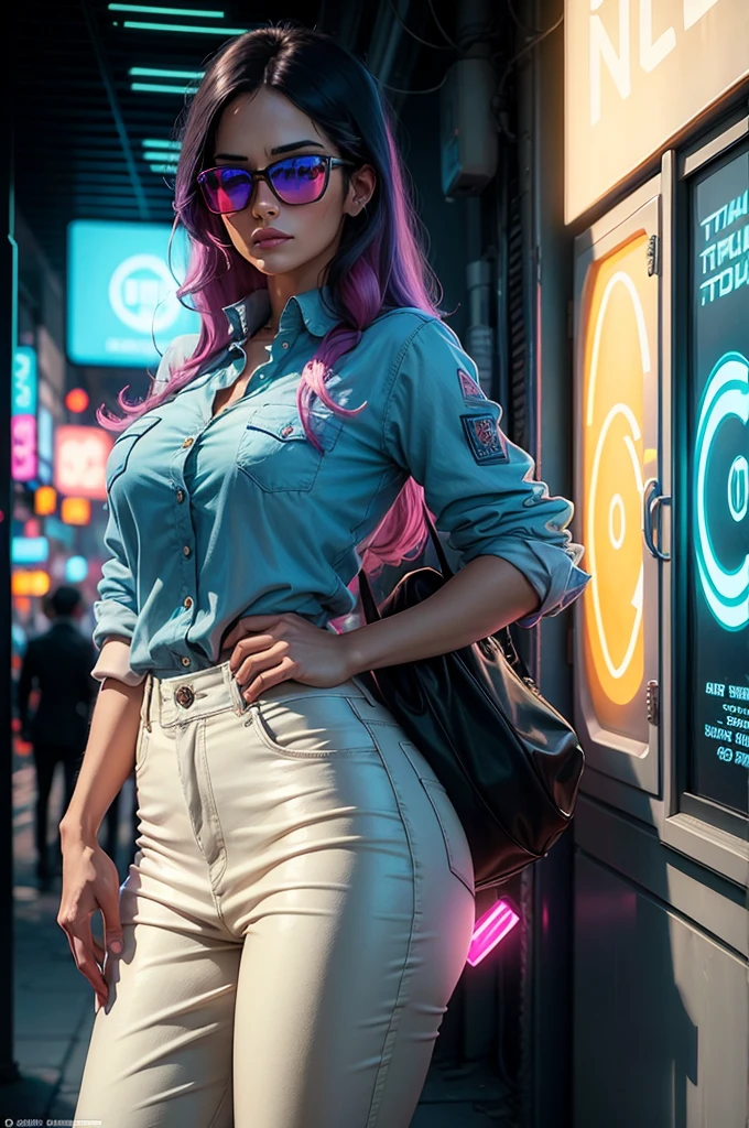Cowgirl holding a blank banner Amish clothing shirt oversized pants Stunning eyes Stunning face Creamy hair Gorgeous hair Cowgirl outfit Stunning clothes Charming colours Amazing colors Very detailed and beautiful Sun background Sun glasses With her nerdy friend and glamorous background, amazing wallpaper, Liv Tyler, Salma Hayek, highly detailed and beautiful wallpaper, HD image - auto fonts - neon fonts,, , neon blue, neon in different colors, cyberpunk,, Colorful neon lights