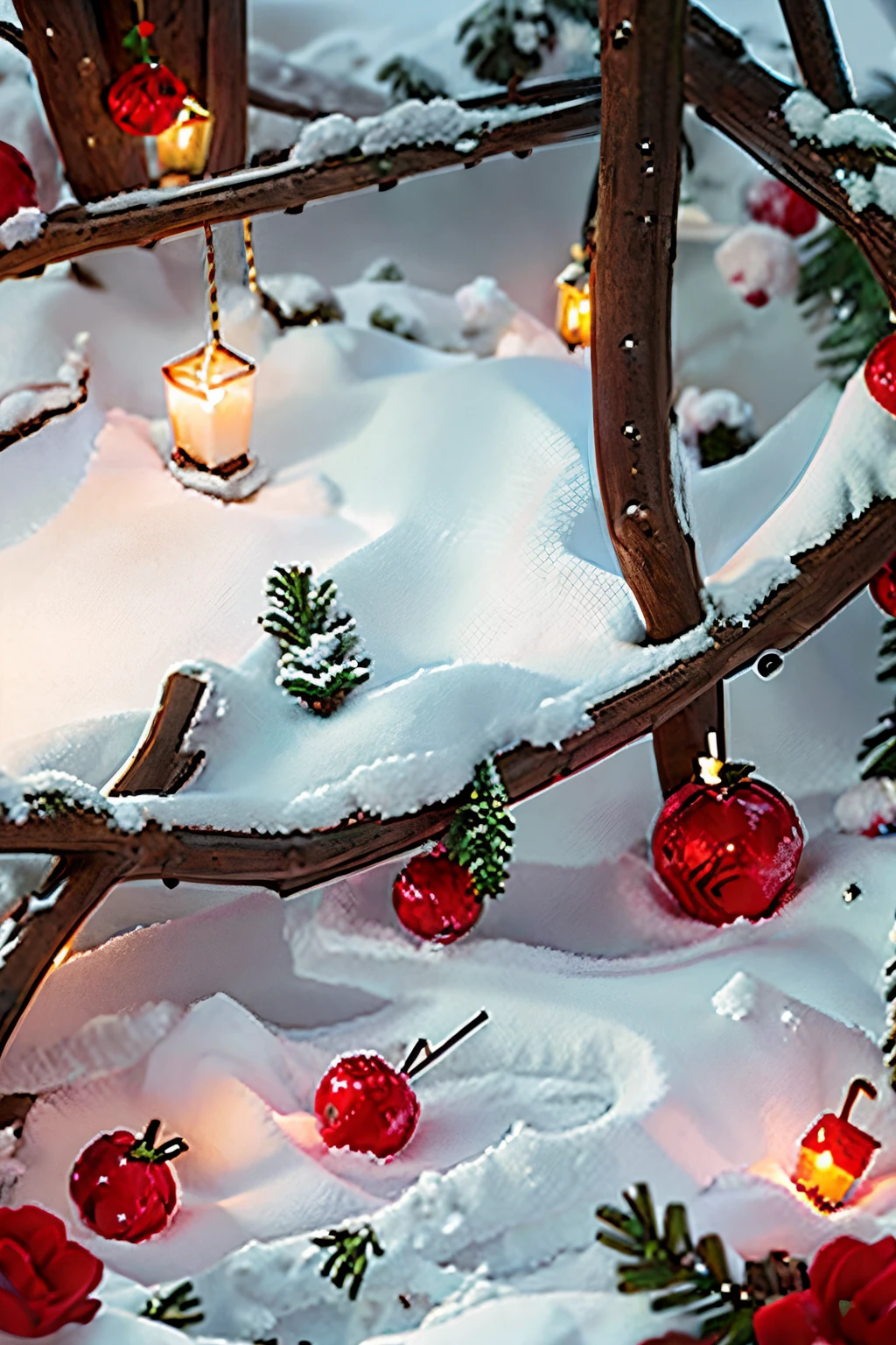professional photography for social networks, at the top there is a fir branch with decorations, snow and garlands, central part and lower white background, feeling of warmth, beauty and comfort.