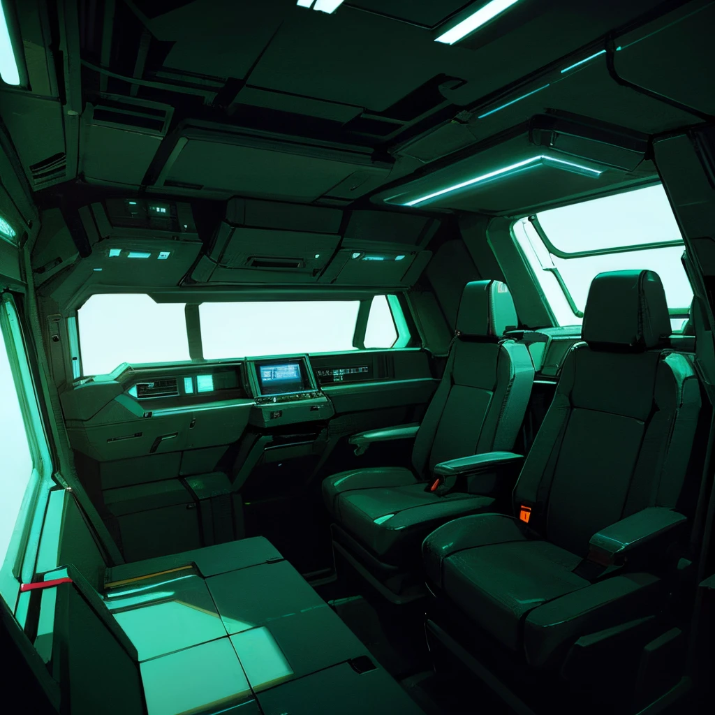 creepy dark spaceship interior, green lighting